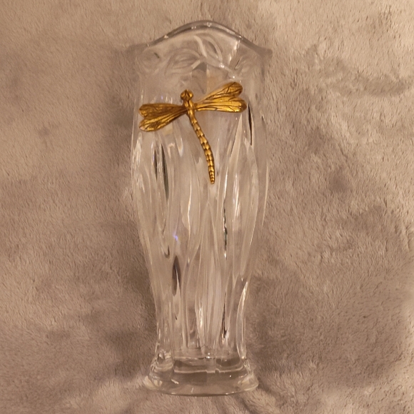 Gorham Crystal Vase with Gold Dragonfly